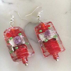 Unique red and floral glass bead earrings
